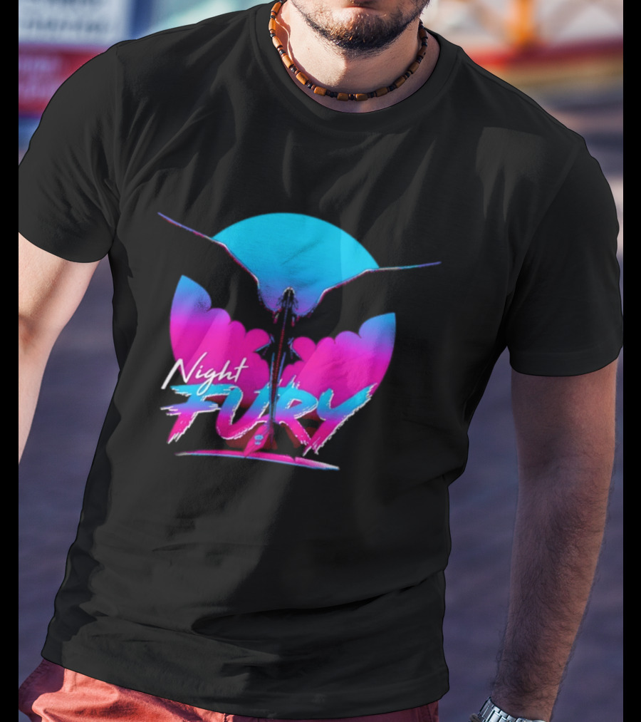 Night Fury Dragon Silhouette Neon Blue And Pink T-Shirt