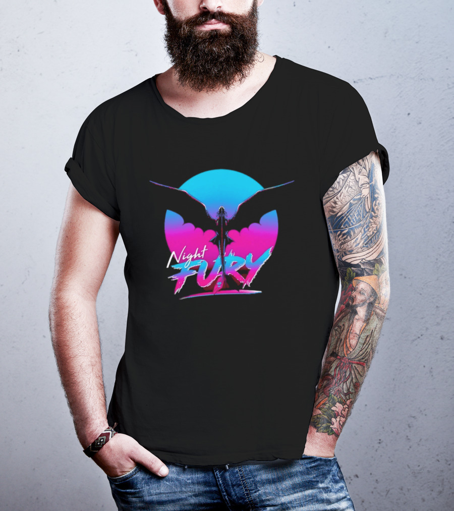 Night Fury Dragon Silhouette Neon Blue And Pink T-Shirt