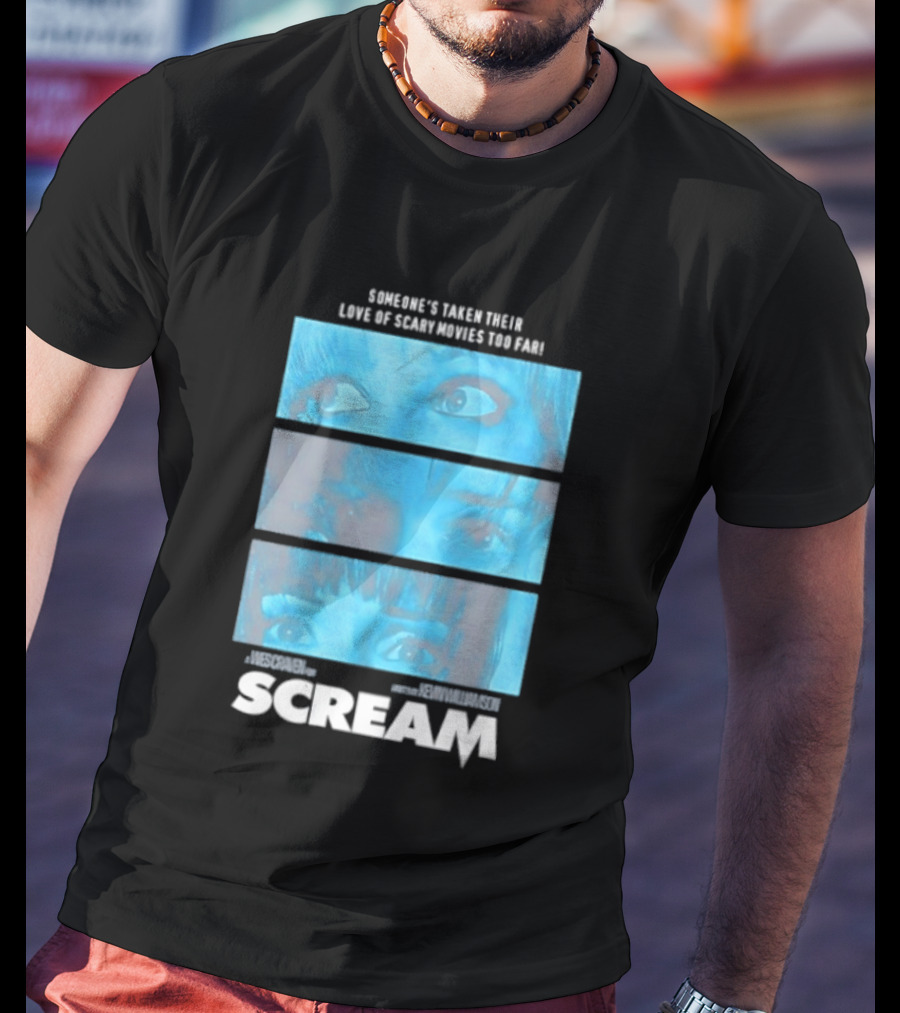 Someone's Taken Their Love Of Scary Movies Too Far Scream Eyes Dramatic Blue Panels T-Shirt