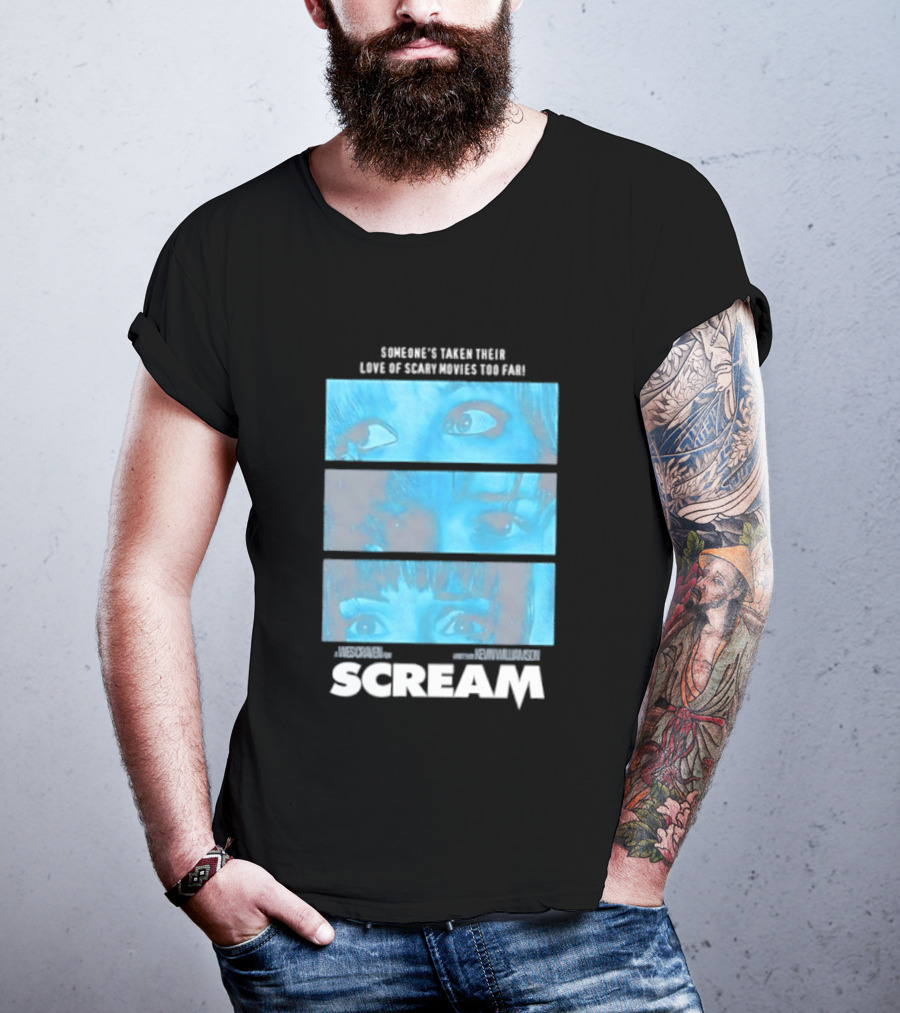 Someone's Taken Their Love Of Scary Movies Too Far Scream Eyes Dramatic Blue Panels T-Shirt