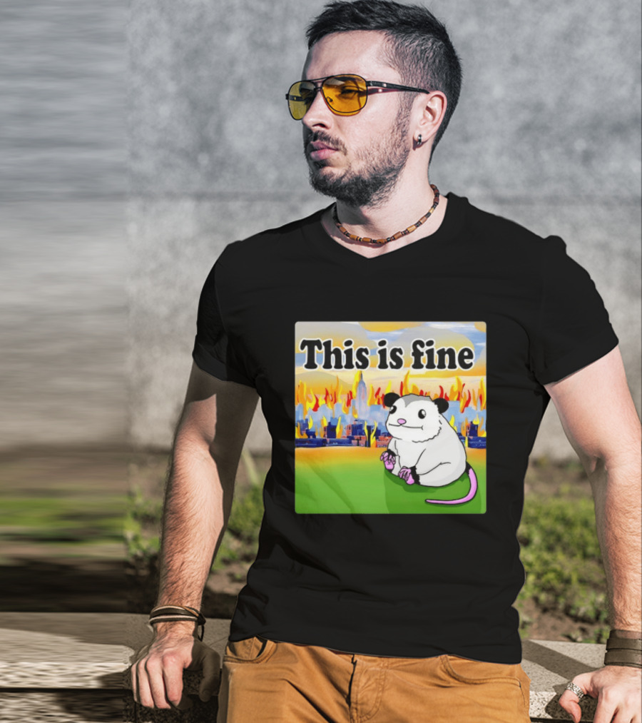 This Is Fine Opossum New York City NYC Urban Skyline Flames T-Shirt