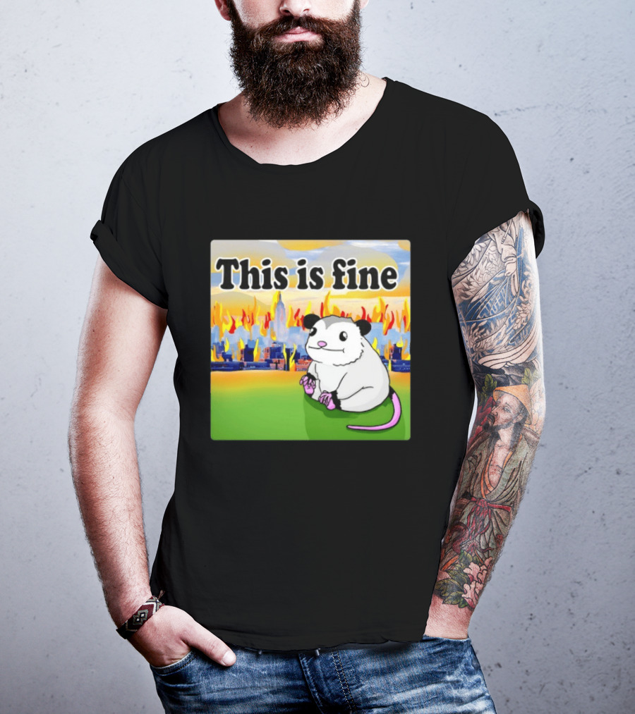 This Is Fine Opossum New York City NYC Urban Skyline Flames T-Shirt