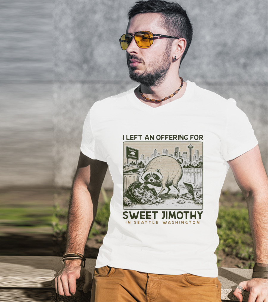 Sweet Jimothy Raccoon Offering In Seattle Washington With City Skyline T-Shirt