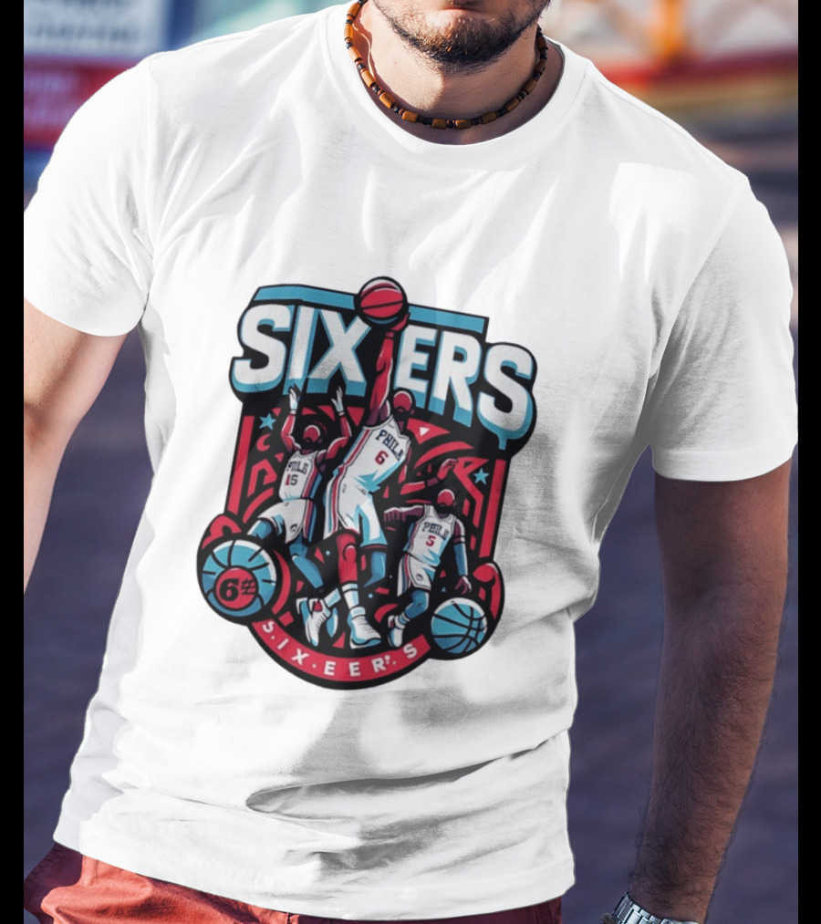 Philadelphia Sixers 2026 NBA Collage Featuring Number 6 Phila Basketball Player T-Shirt