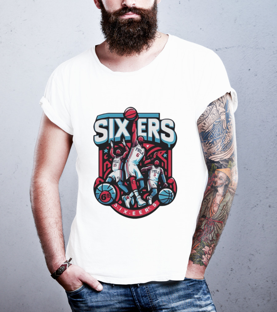 Philadelphia Sixers 2026 NBA Collage Featuring Number 6 Phila Basketball Player T-Shirt