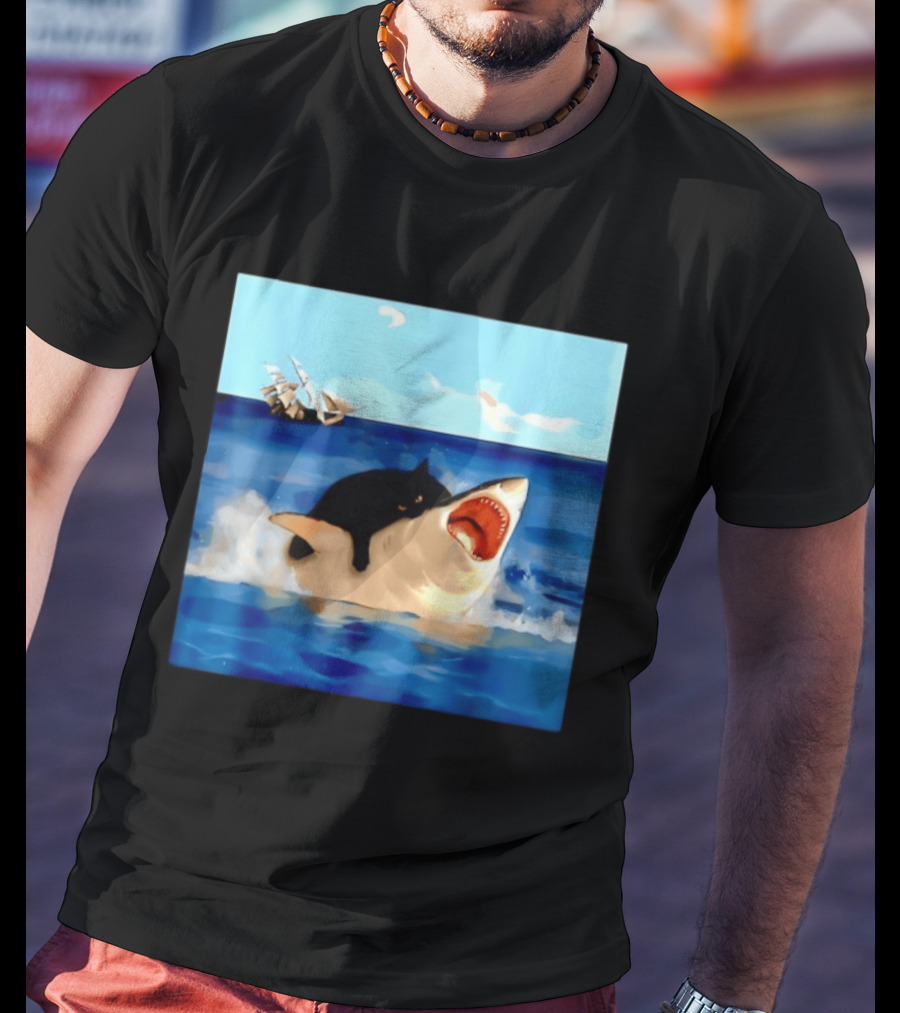 Black Cat Riding Great White Shark With Ocean And Sailing Ship T-Shirt