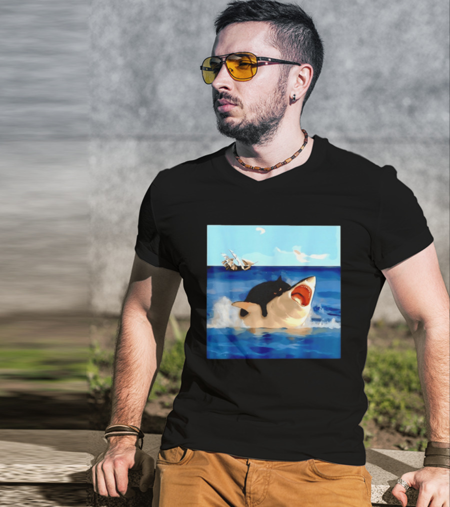 Black Cat Riding Great White Shark With Ocean And Sailing Ship T-Shirt