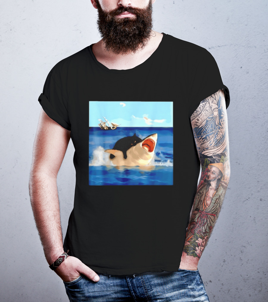 Black Cat Riding Great White Shark With Ocean And Sailing Ship T-Shirt