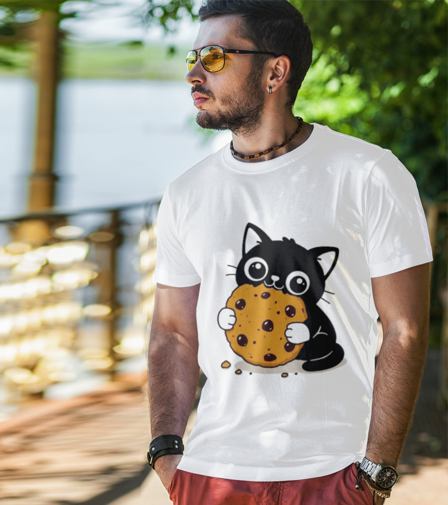 Black Cat Holding Chocolate Chip Cookie T-Shirt