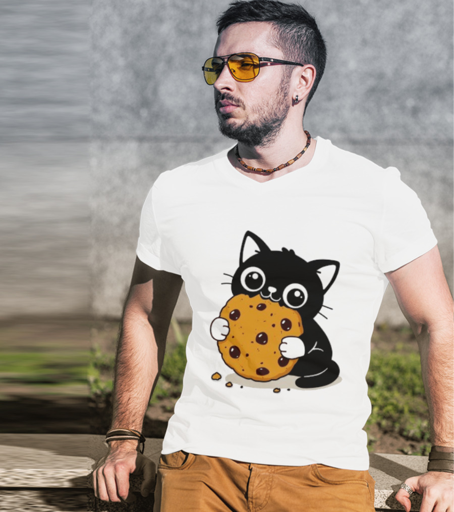 Black Cat Holding Chocolate Chip Cookie T-Shirt