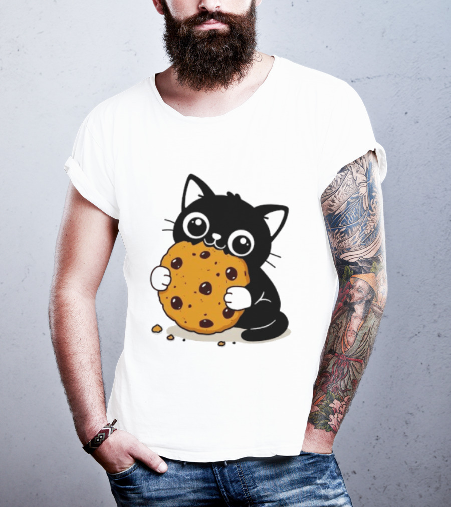Black Cat Holding Chocolate Chip Cookie T-Shirt
