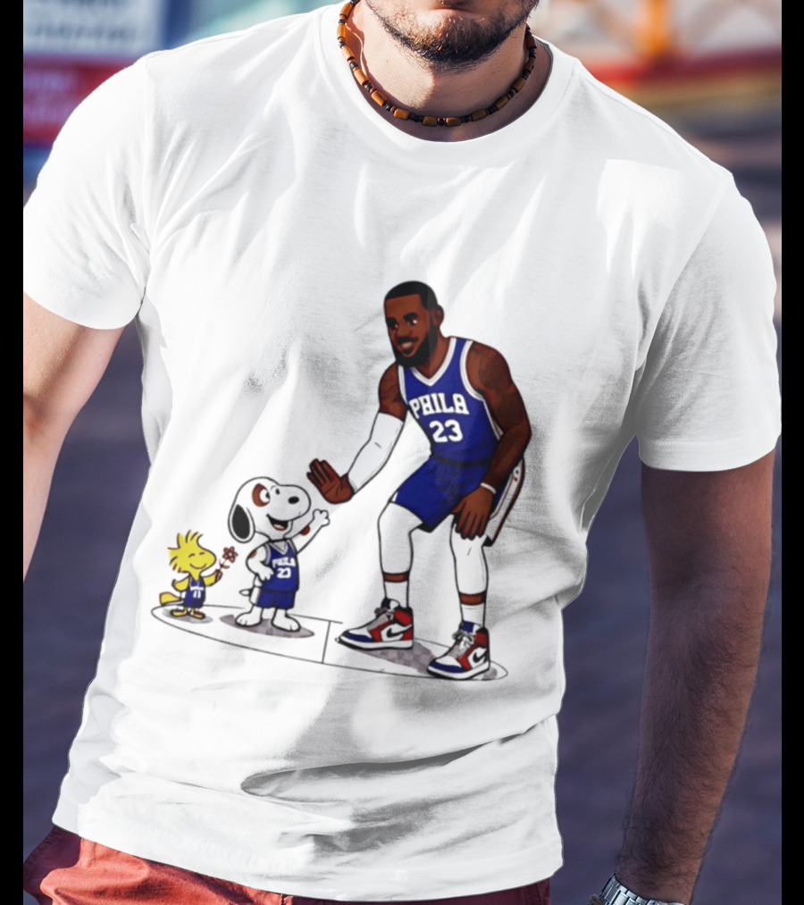 Snoopy Woodstock High Five LeBron James 23 Philadelphia 76ers Collaboration T-Shirt