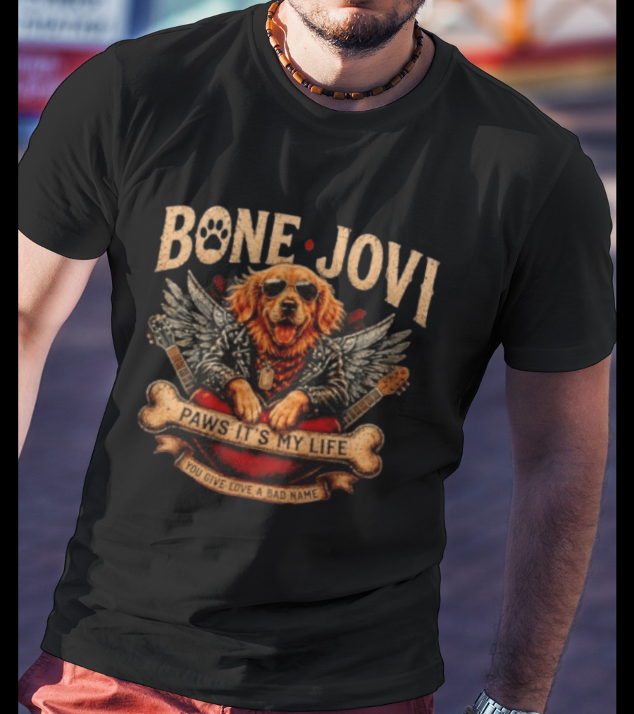 Bone Jovi Paws It's My Life You Give Love A Bad Name Golden Retriever Wings Guitar T-Shirt