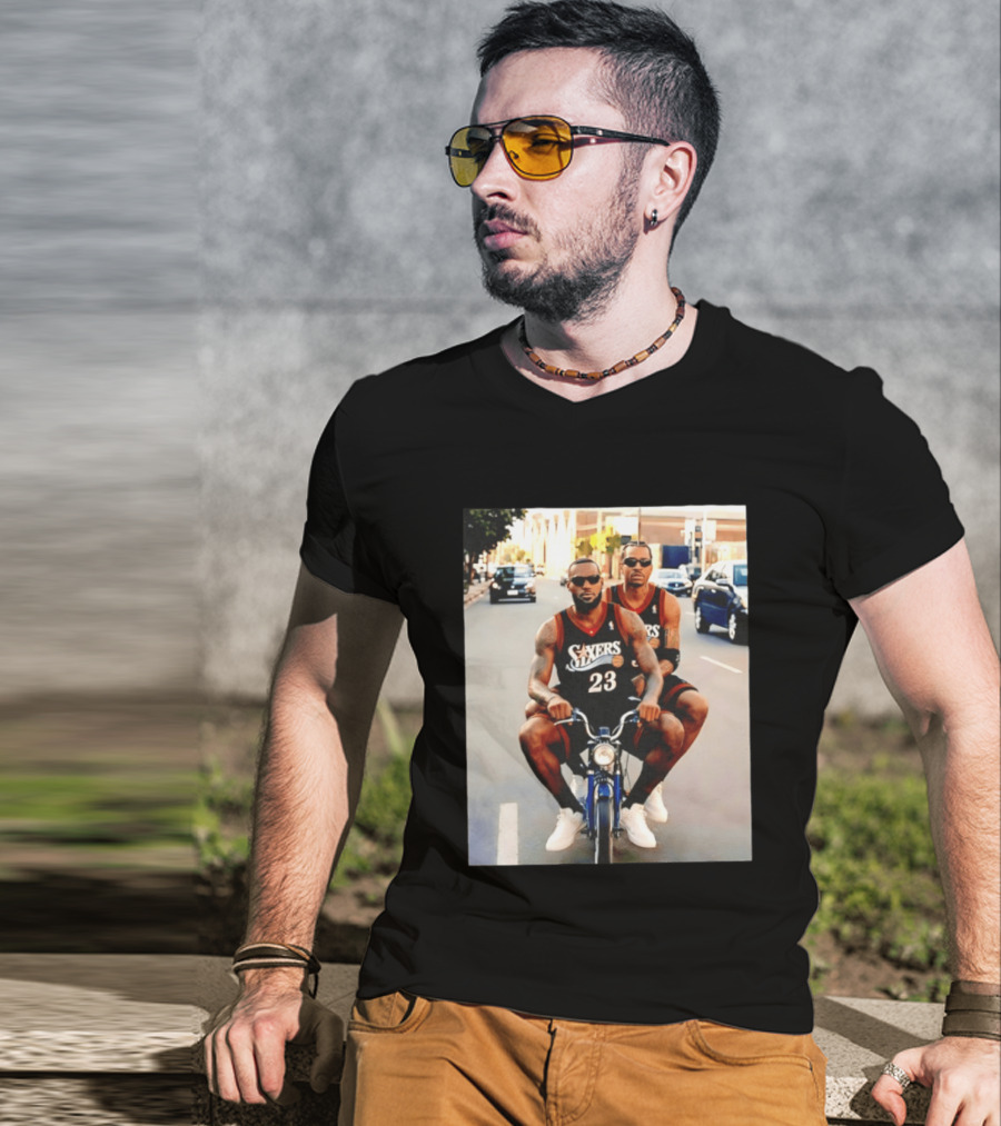 Philly Sixers LeBron James Allen Iverson Motorbike Meme T-Shirt