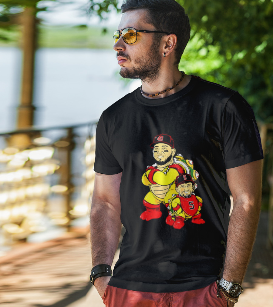 St Louis Cardinals Yadier Molina Albert Pujols Bowser Caricature 40 5 Red Cap T-Shirt