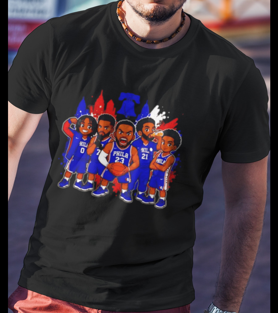 Philadelphia 76ers Cartoon Players With Liberty Bell Skyline T-Shirt