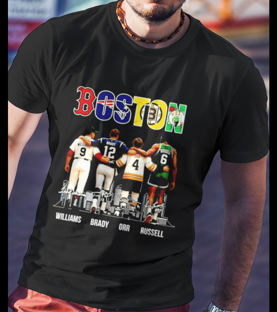 Boston Red Sox Patriots Bruins Celtics Williams Brady Orr Russell T-Shirt