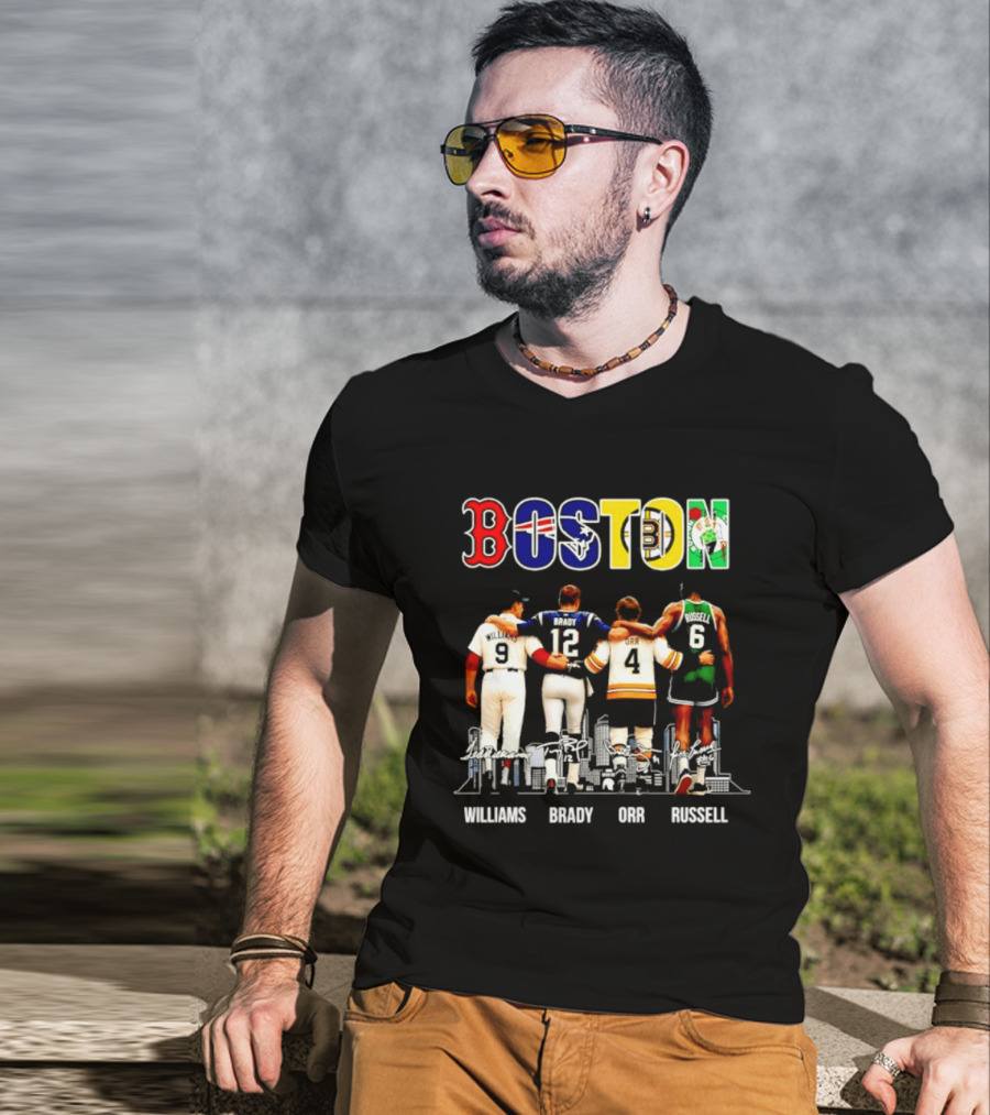 Boston Red Sox Patriots Bruins Celtics Williams Brady Orr Russell T-Shirt