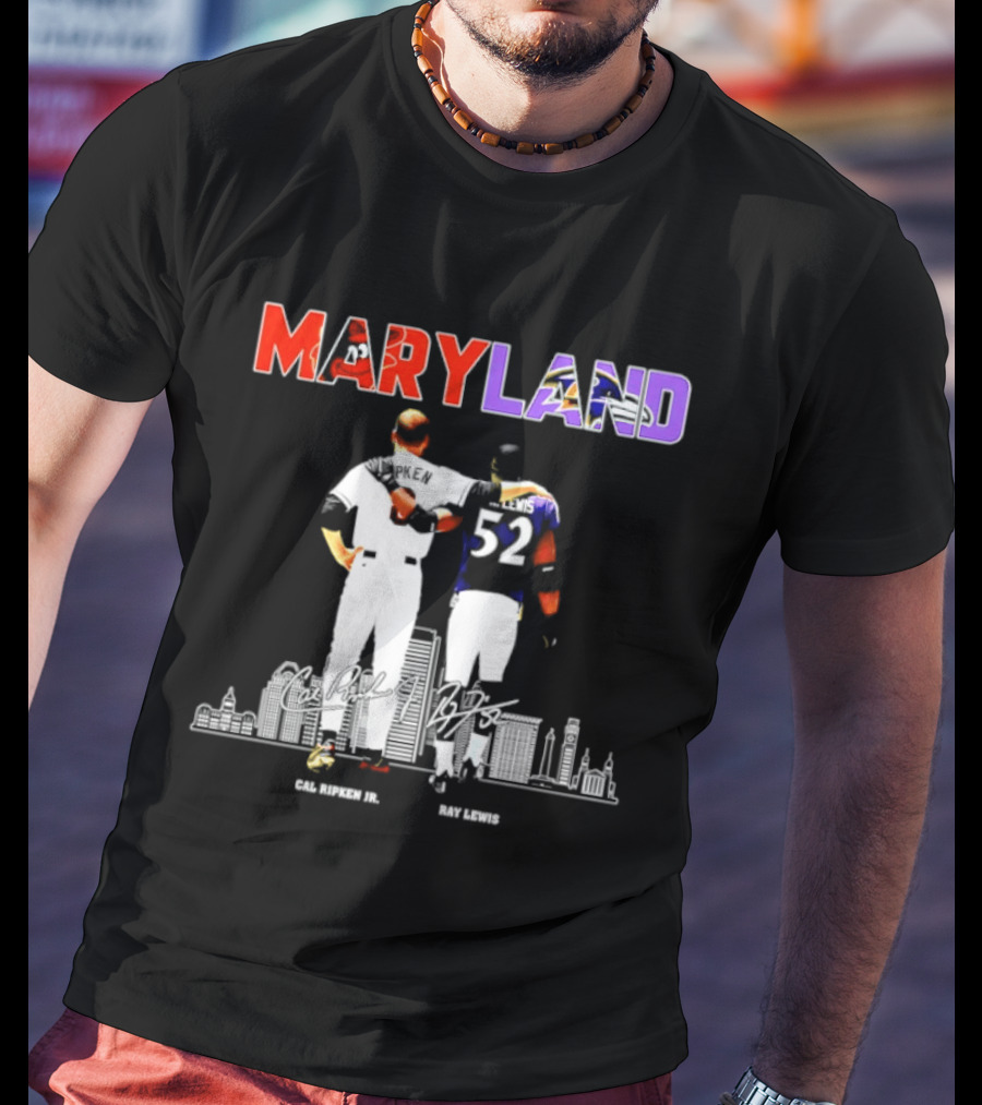 Maryland Cal Ripken Jr 8 Baltimore Orioles Ray Lewis 52 Baltimore Ravens Skyline T-Shirt