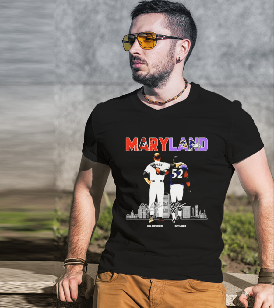 Maryland Cal Ripken Jr 8 Baltimore Orioles Ray Lewis 52 Baltimore Ravens Skyline T-Shirt