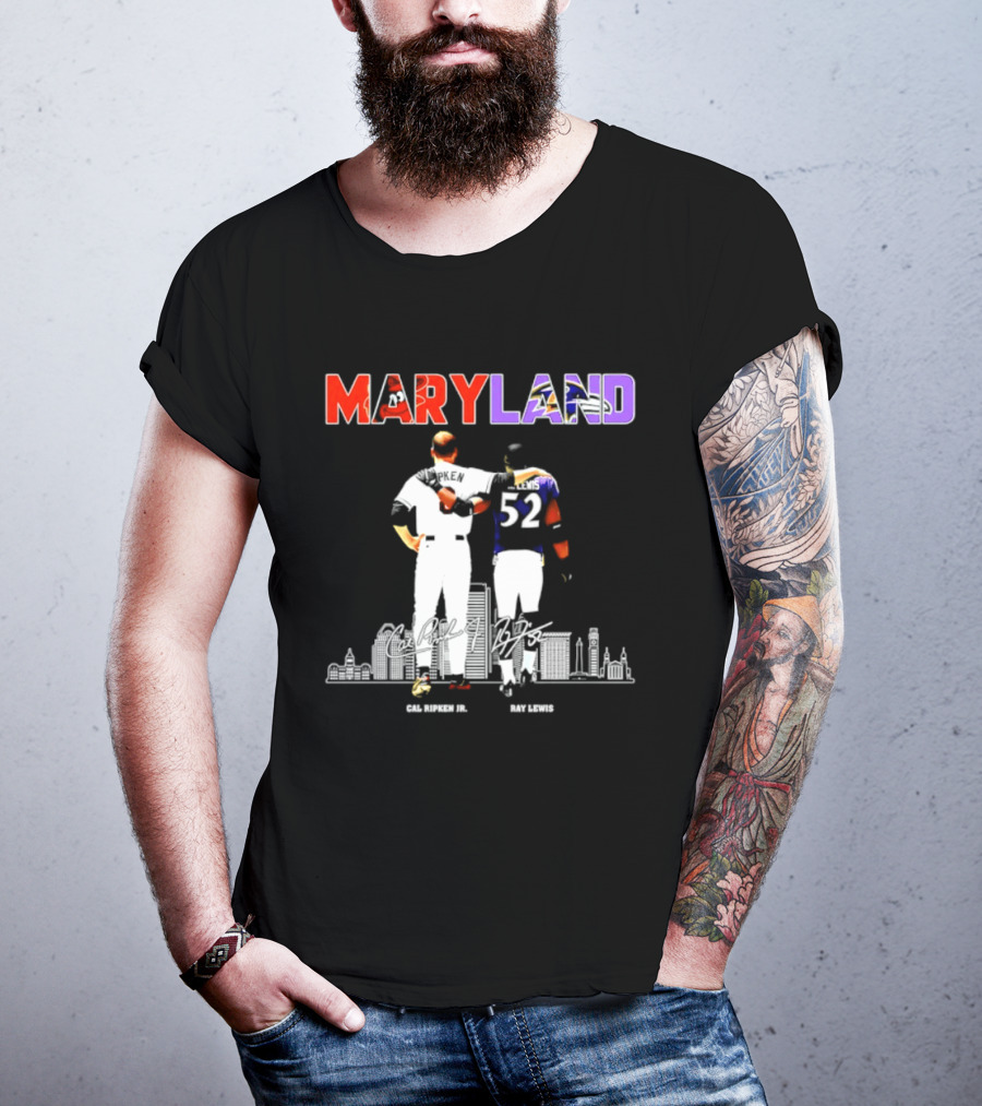 Maryland Cal Ripken Jr 8 Baltimore Orioles Ray Lewis 52 Baltimore Ravens Skyline T-Shirt