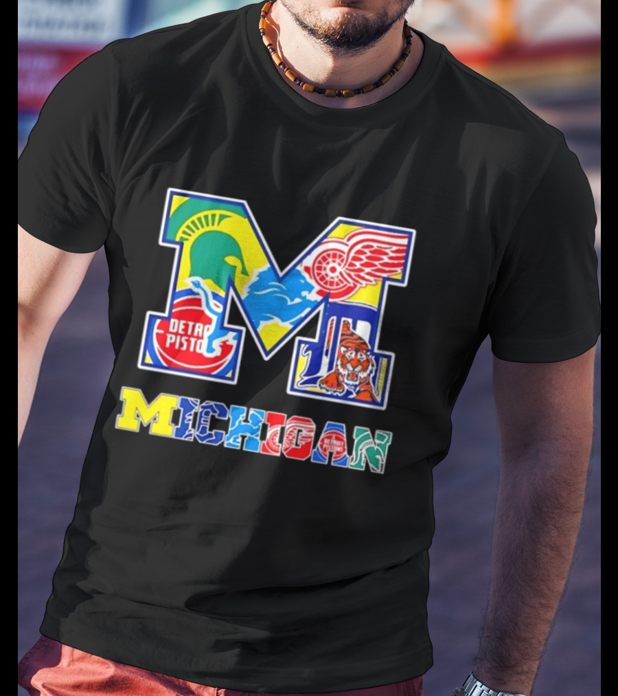 Michigan Detroit Pistons Red Wings Tigers Lions Wolverines Icons M T-Shirt