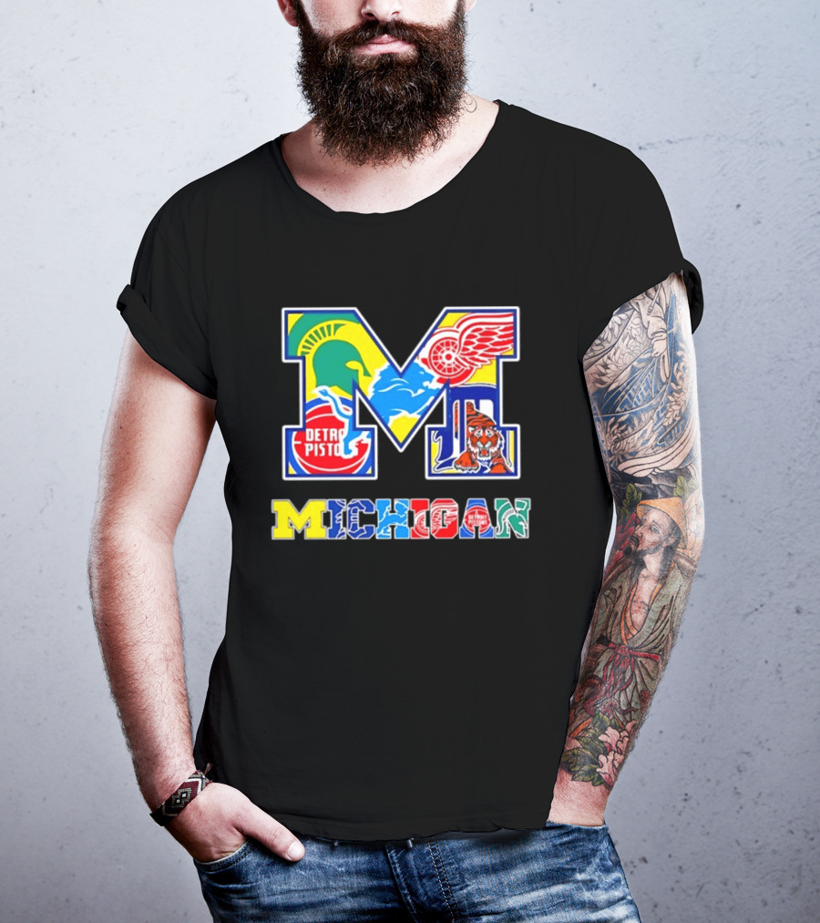Michigan Detroit Pistons Red Wings Tigers Lions Wolverines Icons M T-Shirt