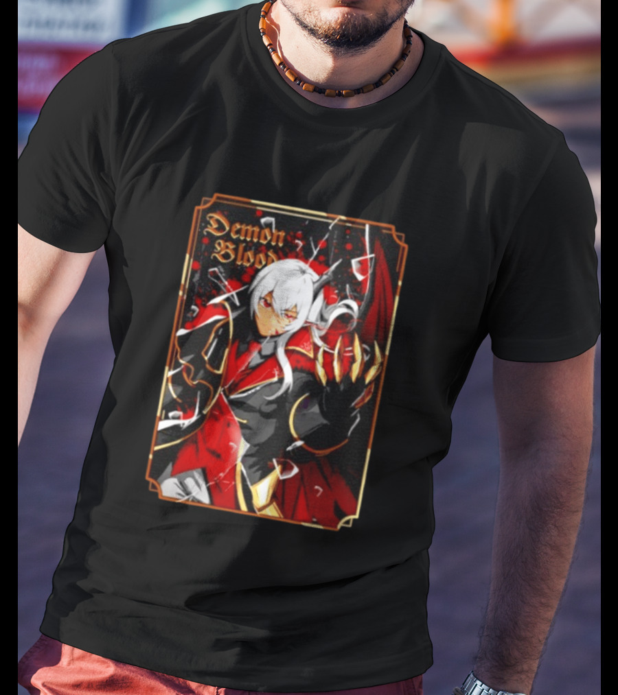 Demon Blood Anime Fantasy Dark Character Design With White Hair And Red Accents T-Shirt