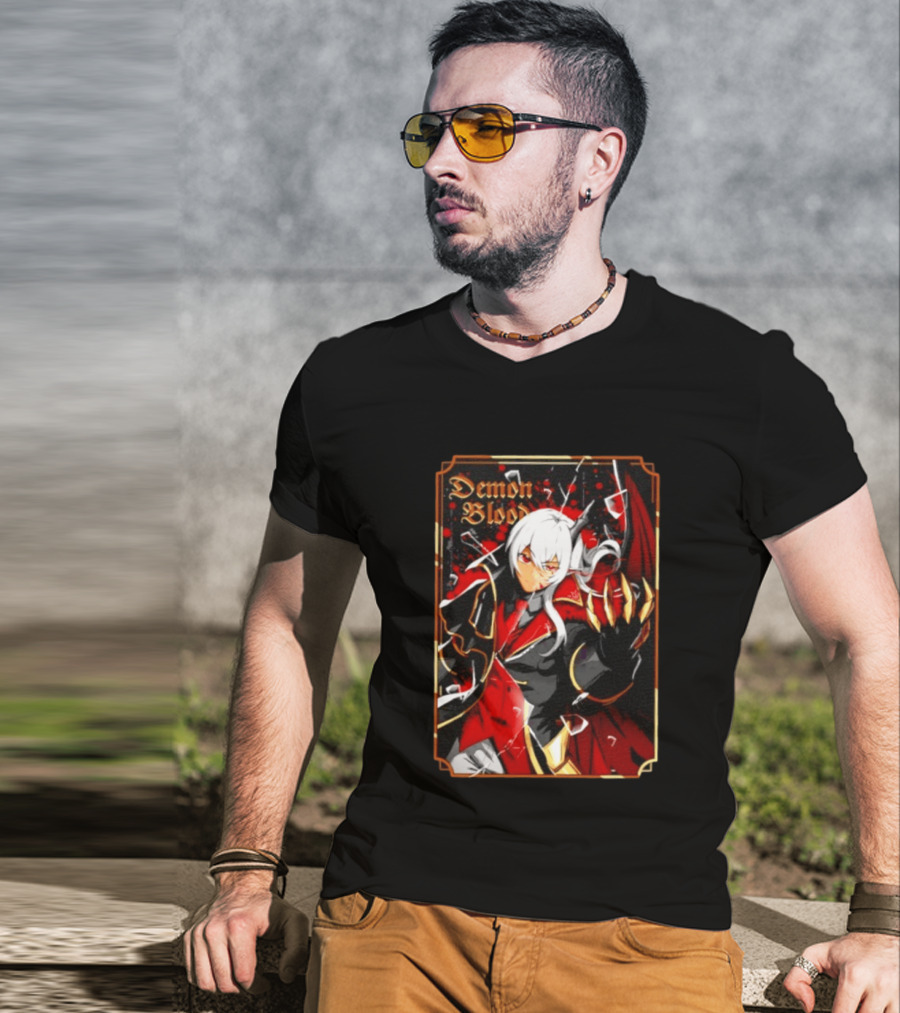 Demon Blood Anime Fantasy Dark Character Design With White Hair And Red Accents T-Shirt