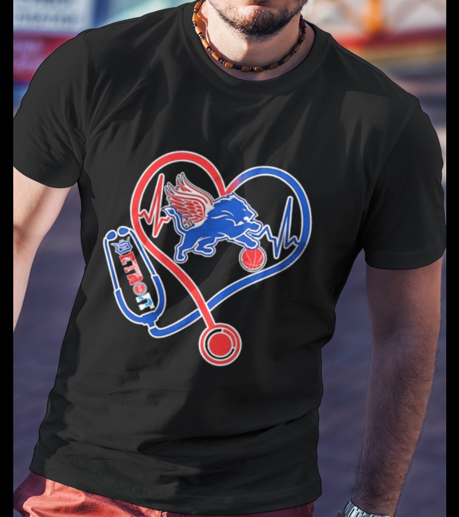 Detroit Heartbeat Stethoscope Lion Playing Basketball T-Shirt