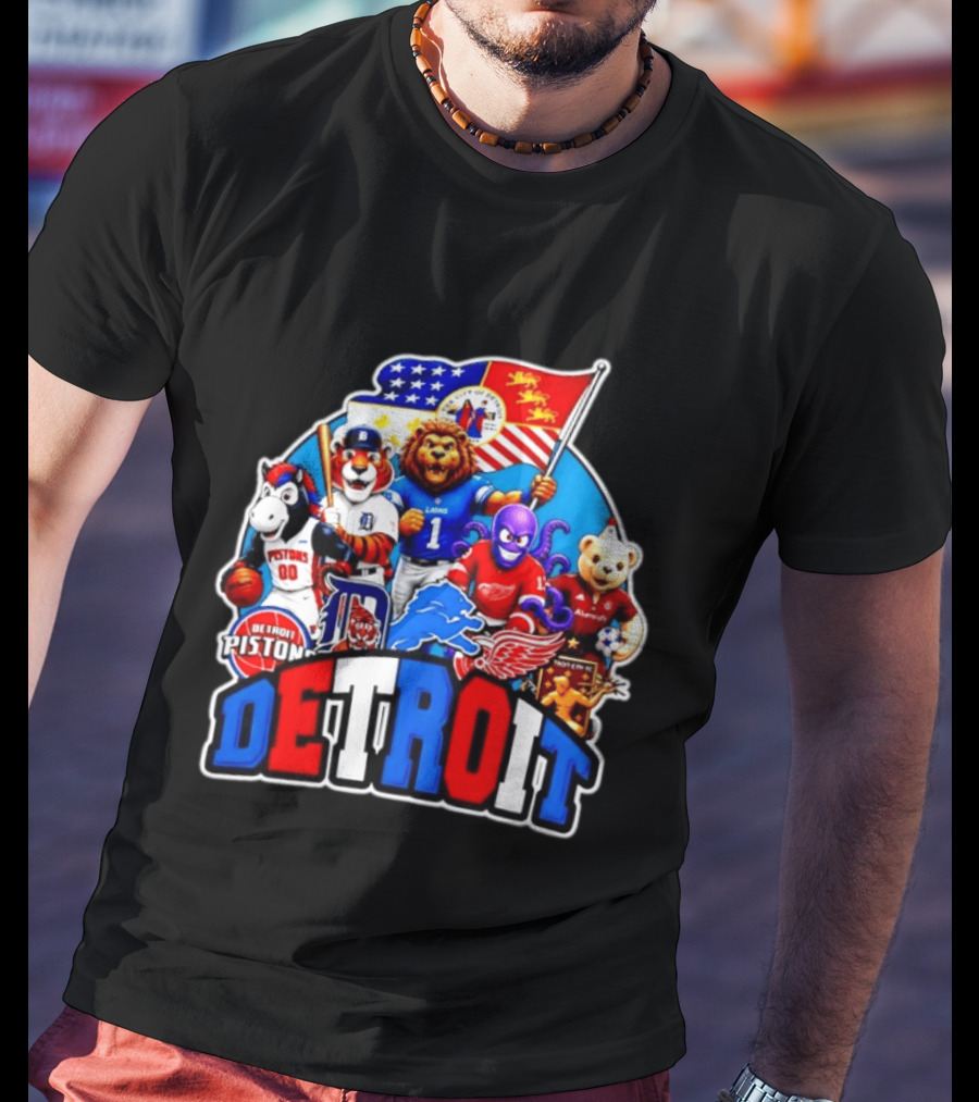 Detroit Lions Tigers Pistons Red Wings Mascots With Flag T-Shirt