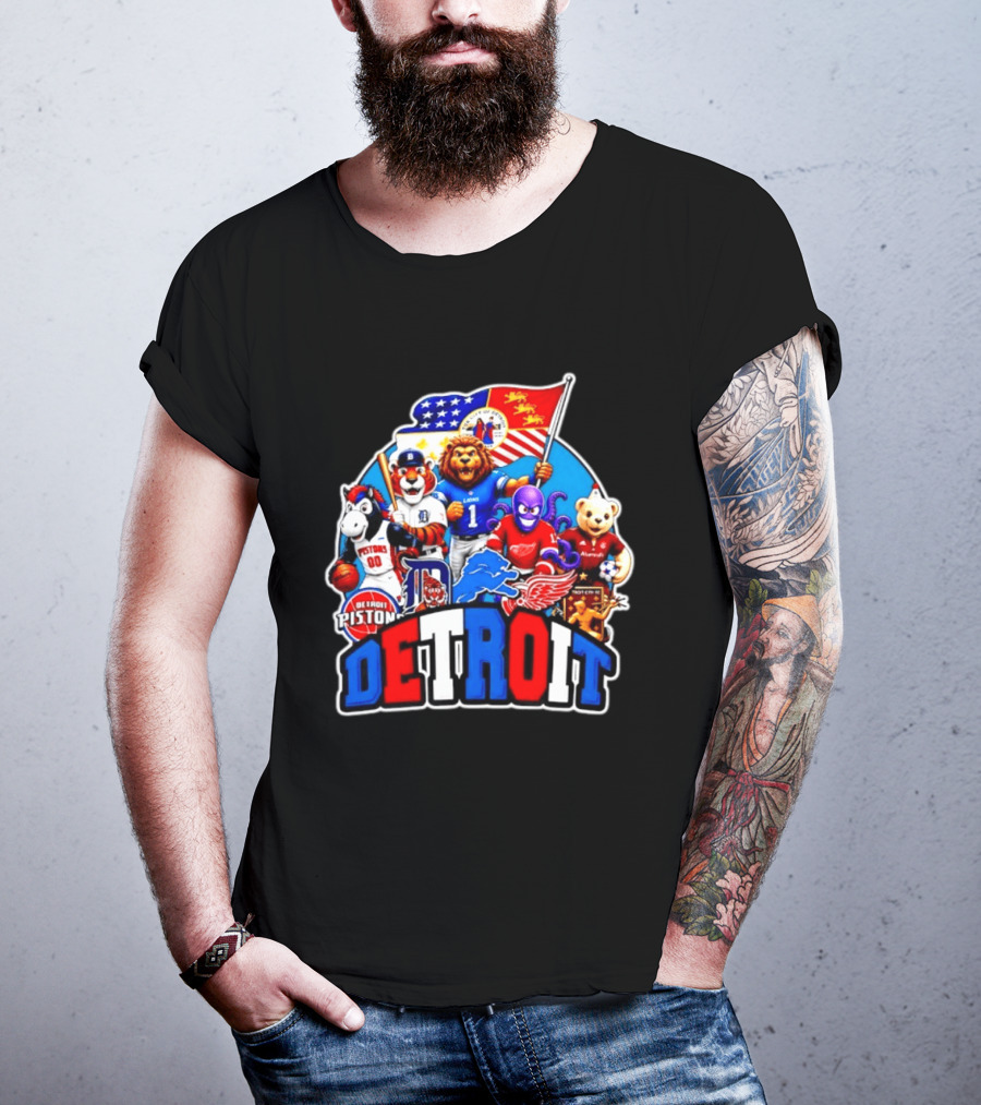 Detroit Lions Tigers Pistons Red Wings Mascots With Flag T-Shirt