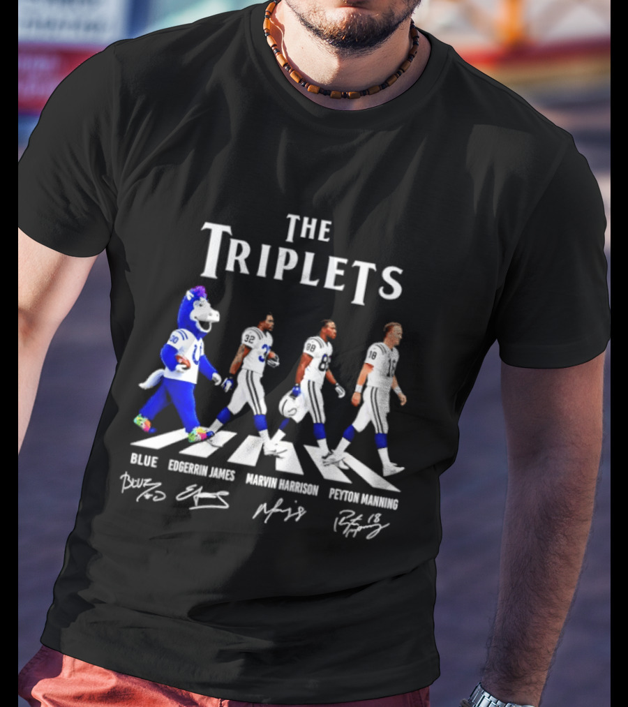 The Triplets Blue Edgerrin James Marvin Harrison Peyton Manning Indianapolis Colts Abbey Road Signatures T-Shirt