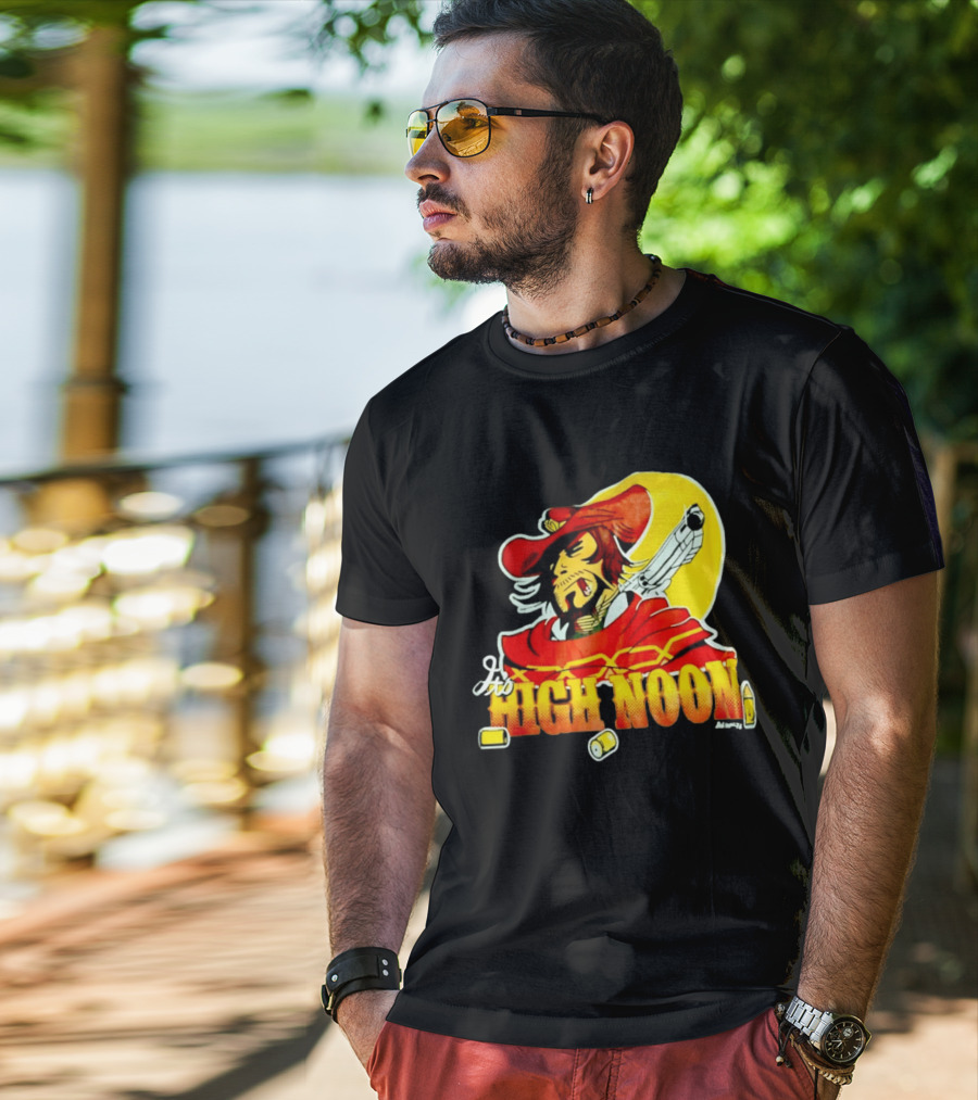 It's High Noon Cowboy With Red Cape And Pistol In Front Of Yellow Sun T-Shirt
