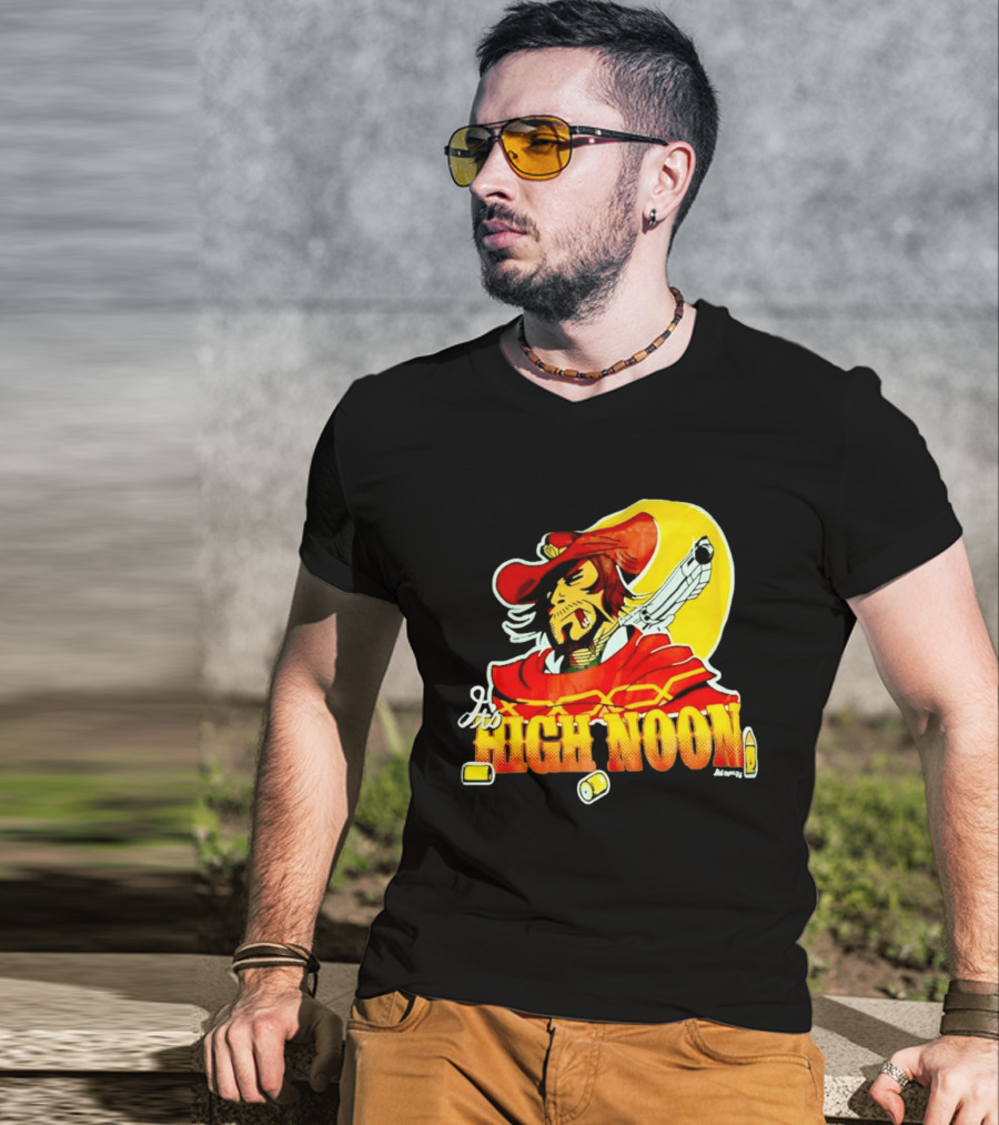 It's High Noon Cowboy With Red Cape And Pistol In Front Of Yellow Sun T-Shirt