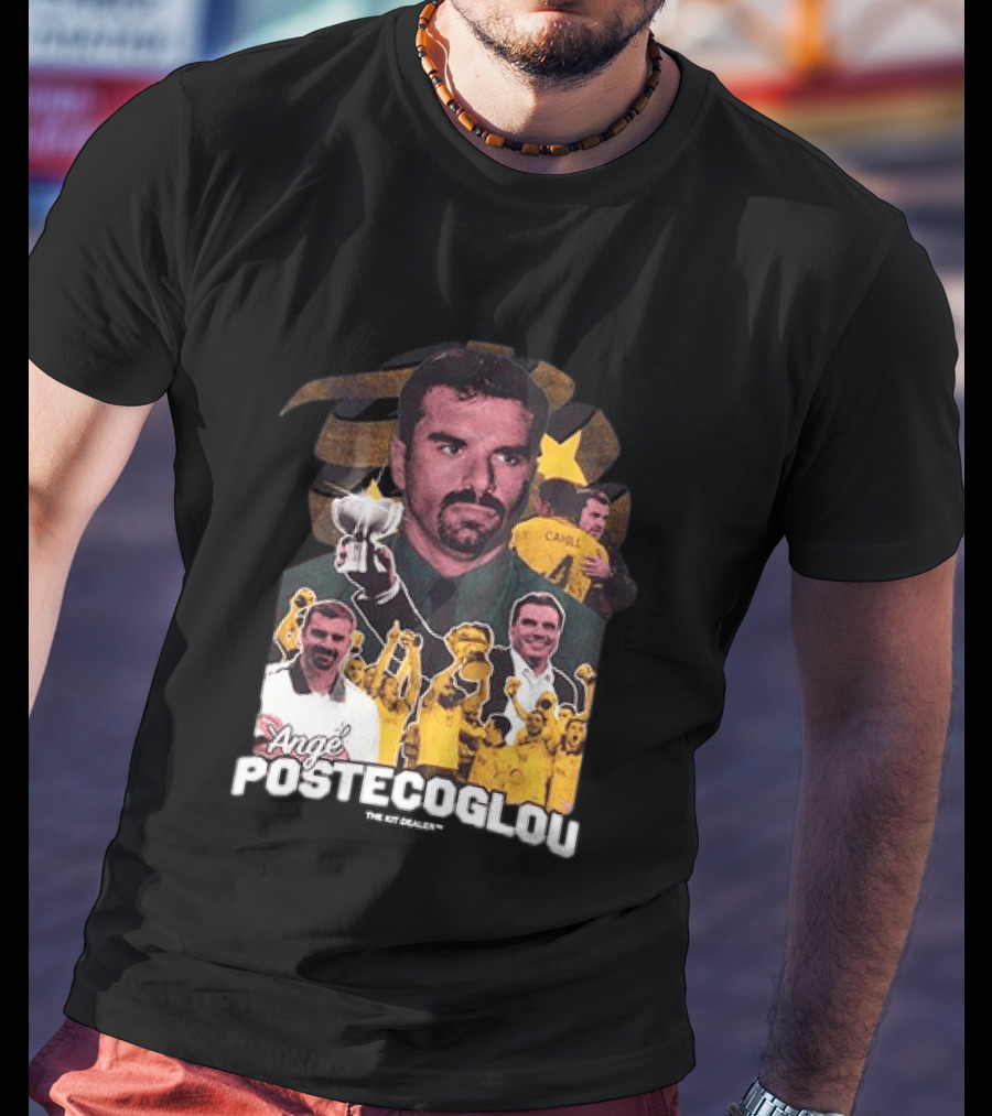 Ange Postecoglou Celebratory Moments With Trophy And Team T-Shirt