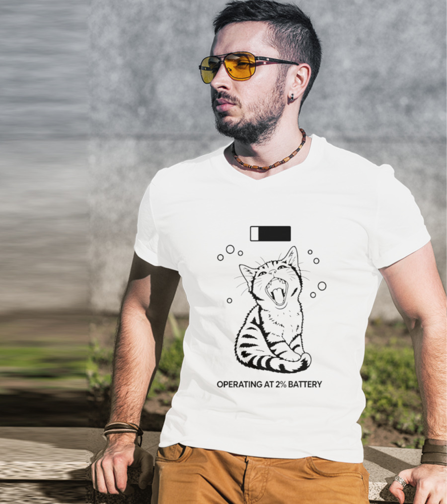 Tired Kitten Yawning Operating At 2% Battery T-Shirt