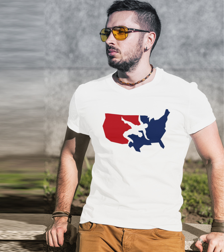 USA Wrestling Map Silhouette Red Blue T-Shirt