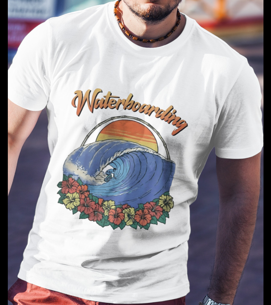 Waterboarding Surfing Tropical Hibiscus Flower Sunset Wave T-Shirt
