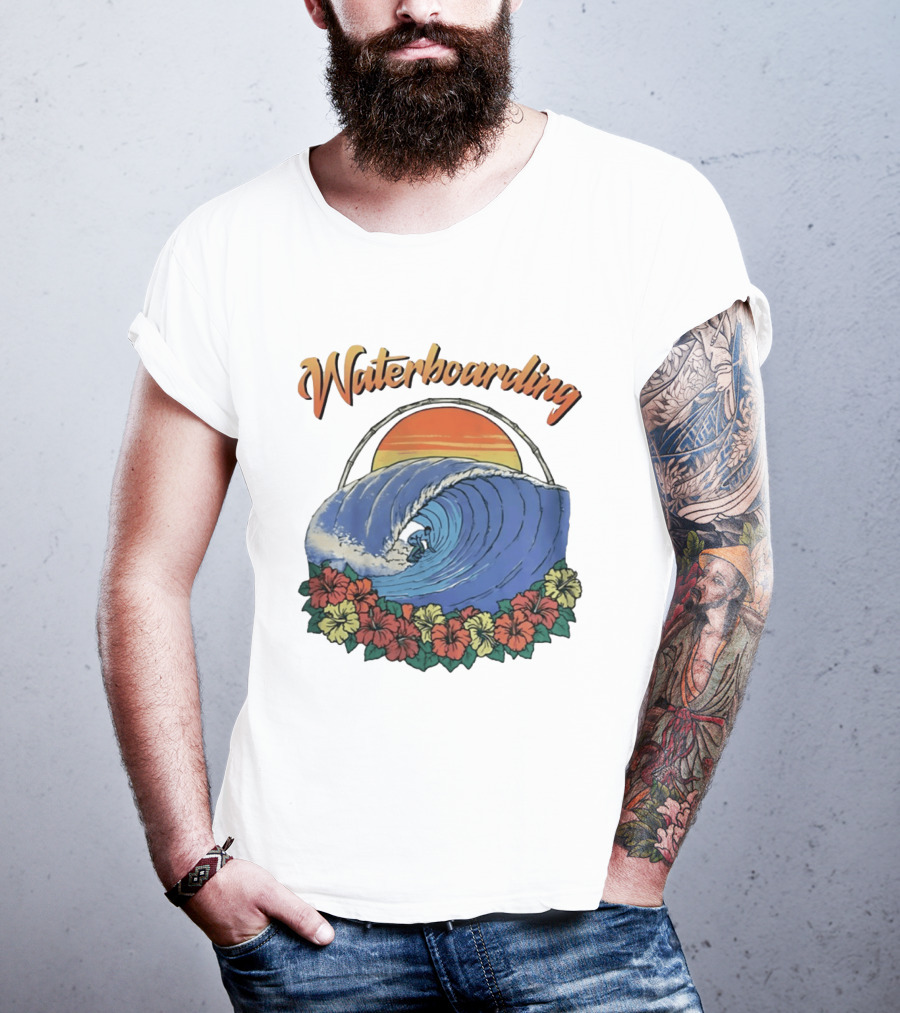 Waterboarding Surfing Tropical Hibiscus Flower Sunset Wave T-Shirt