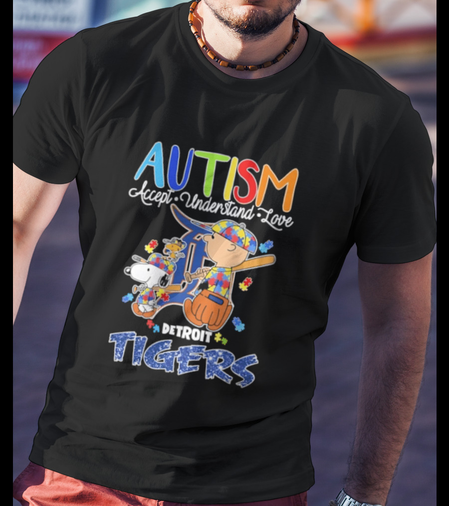 Autism Accept Understand Love Snoopy Charlie Brown Detroit Tigers T-Shirt
