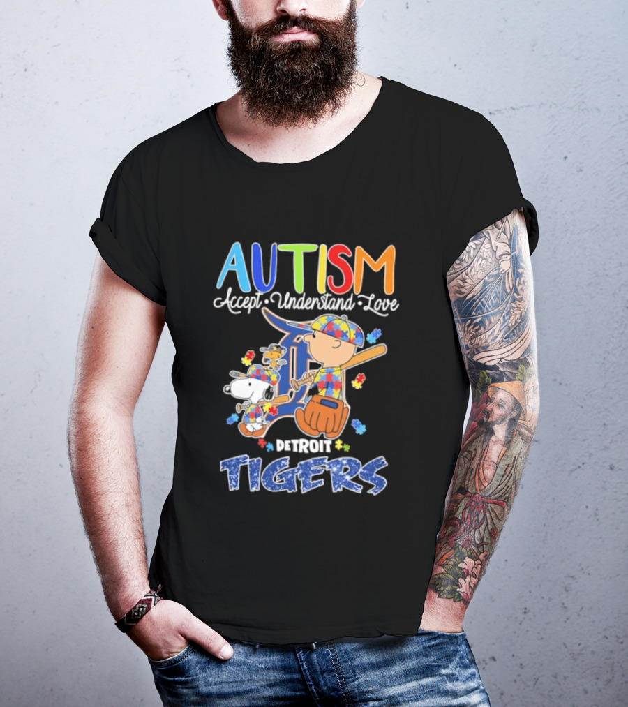 Autism Accept Understand Love Snoopy Charlie Brown Detroit Tigers T-Shirt
