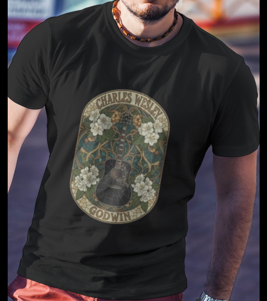 Charles Wesley Godwin Guitar Floral Art Nouveau Style With White Flowers T-Shirt