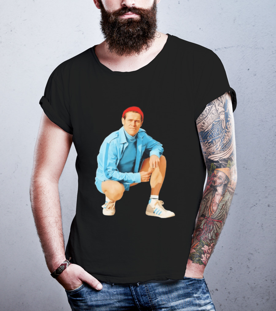 Klaus Willem Dafoe Retro Style With Red Beanie And Blue Tracksuit T-Shirt