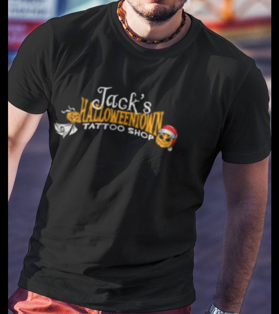 Lostbrostradingco Jack's Halloweentown Tattoo Shop Christmas Santa Hat T-Shirt