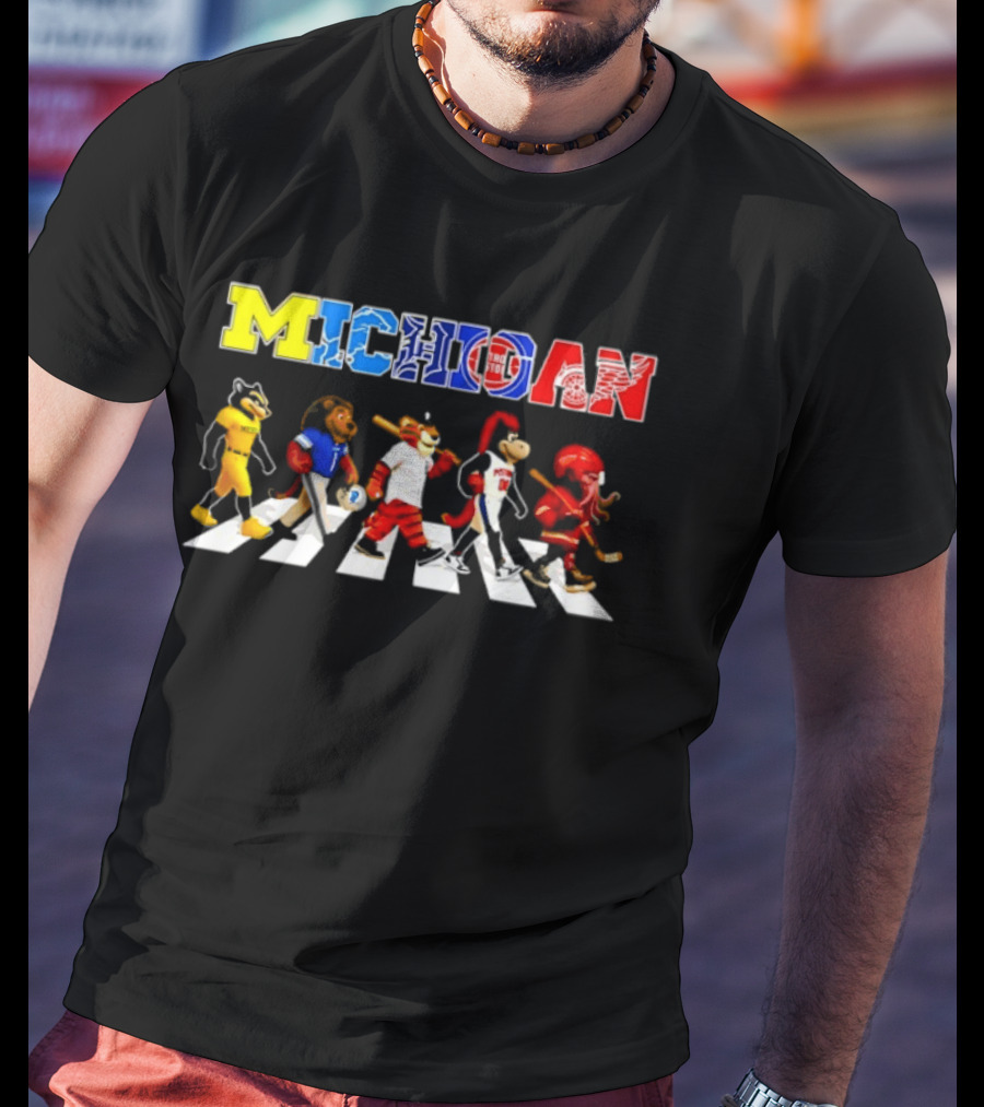 Michigan Sports Mascots Abbey Road Detroit Lions Pistons Tigers Red Wings Wolverine T-Shirt