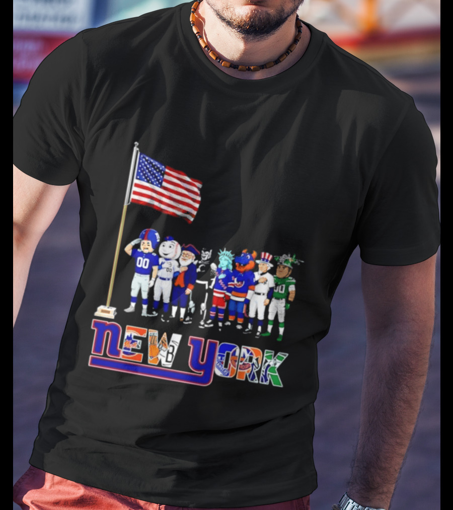 New York Sports Teams Mascots American Flag Giants Yankees Mets Rangers Knicks Jets T-Shirt