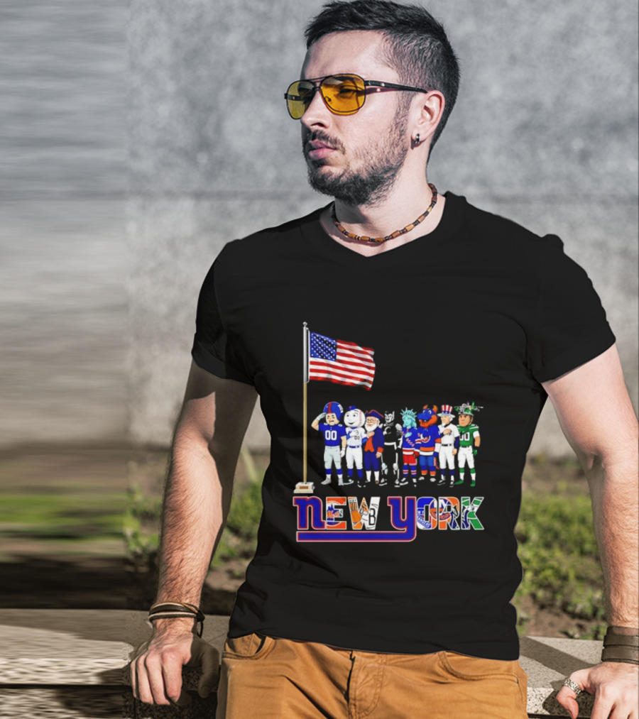 New York Sports Teams Mascots American Flag Giants Yankees Mets Rangers Knicks Jets T-Shirt