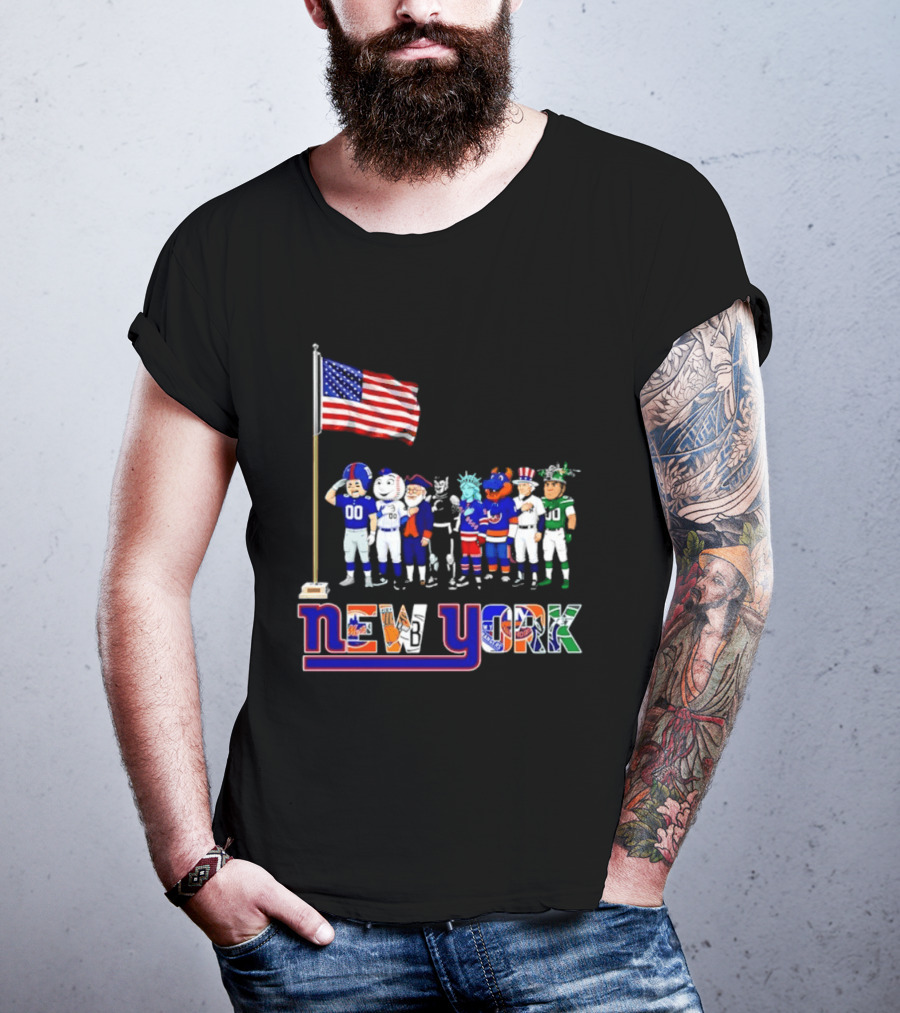New York Sports Teams Mascots American Flag Giants Yankees Mets Rangers Knicks Jets T-Shirt
