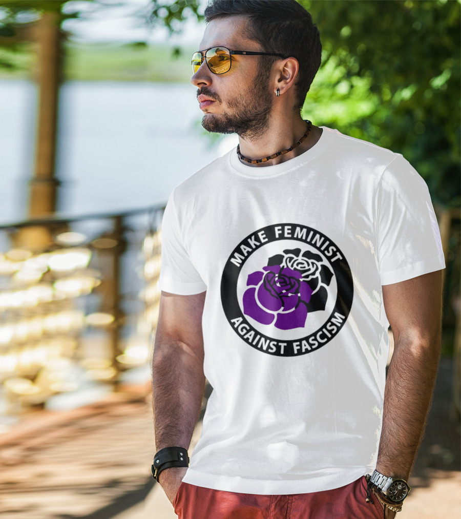Make Feminist Against Fascism Purple Black Rose T-Shirt